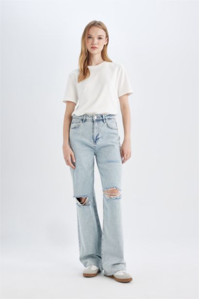Pantalon en Jean Large délavé à Taille Haute avec Détails Déchirés