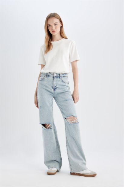Pantalon en Jean Large délavé à Taille Haute avec Détails Déchirés
