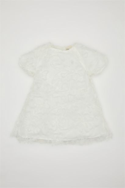 فستان بناتي تول قصة عادية نص كم بياقة مستديرة