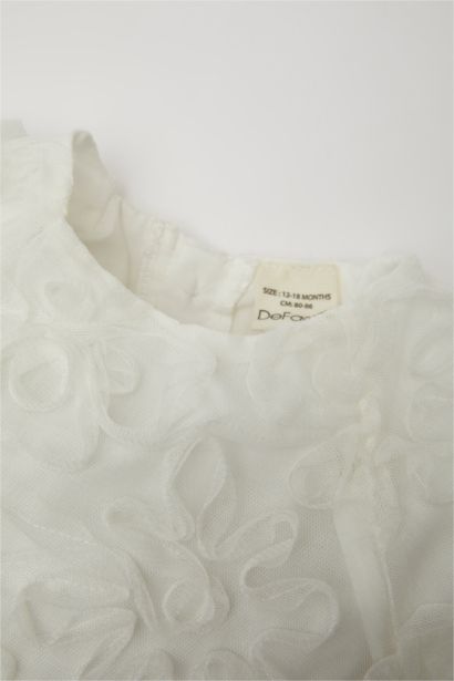 فستان بناتي تول قصة عادية نص كم بياقة مستديرة