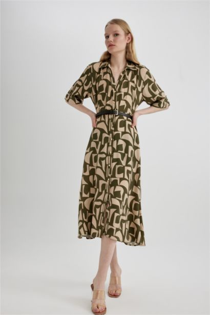 فستان ميدي نص ردن مطبوع بياخة قميص