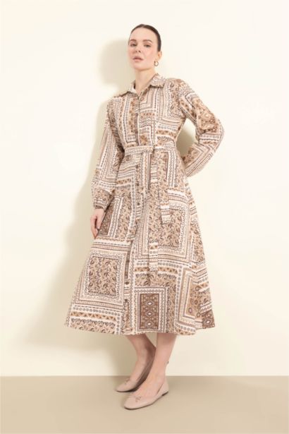 Shirt Collar Patterned Aerobin Belted Midi Dress