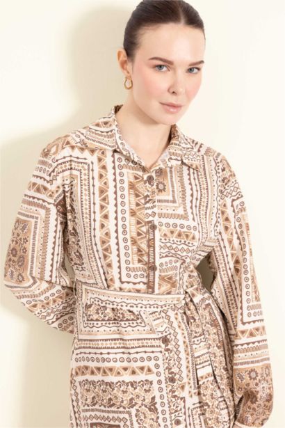 Shirt Collar Patterned Aerobin Belted Midi Dress