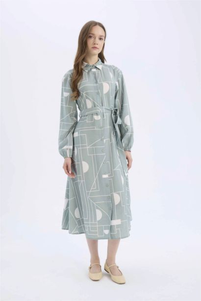 Shirt Collar Patterned Aerobin Belted Midi Dress