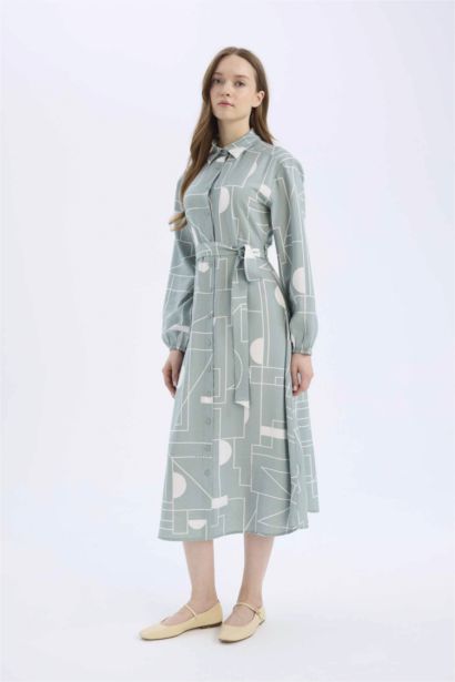 Shirt Collar Patterned Aerobin Belted Midi Dress