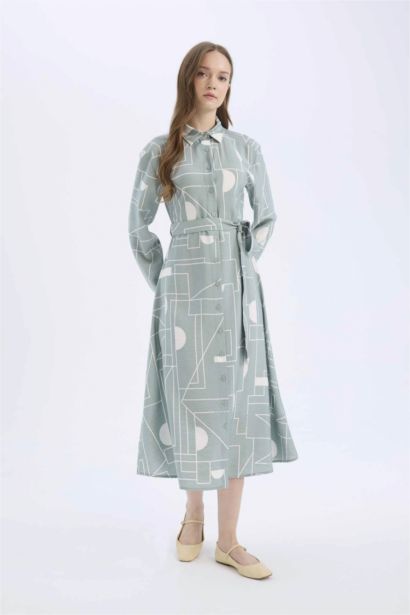Shirt Collar Patterned Aerobin Belted Midi Dress