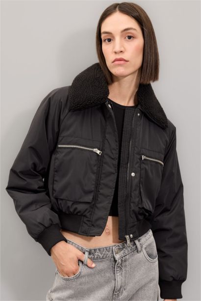 Su Geçirmez Kısa Ceket Mont Suni Kürklü Yaka Düz Fermuar Çıtçıtlı Bomber