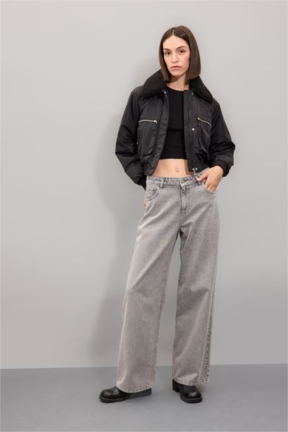 Su Geçirmez Kısa Ceket Mont Suni Kürklü Yaka Düz Fermuar Çıtçıtlı Bomber