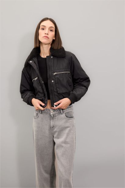 Su Geçirmez Kısa Ceket Mont Suni Kürklü Yaka Düz Fermuar Çıtçıtlı Bomber