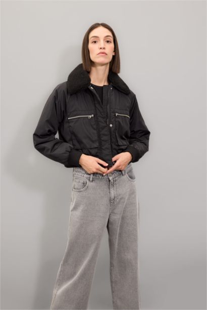 Su Geçirmez Kısa Ceket Mont Suni Kürklü Yaka Düz Fermuar Çıtçıtlı Bomber