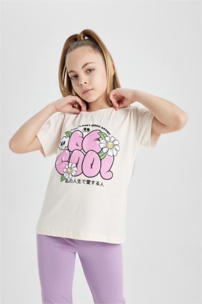 T-shirt imprimé à col rond et manches courtes pour fille