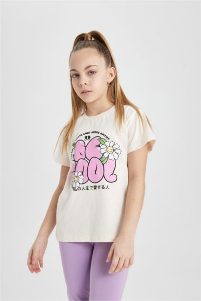 T-shirt imprimé à col rond et manches courtes pour fille