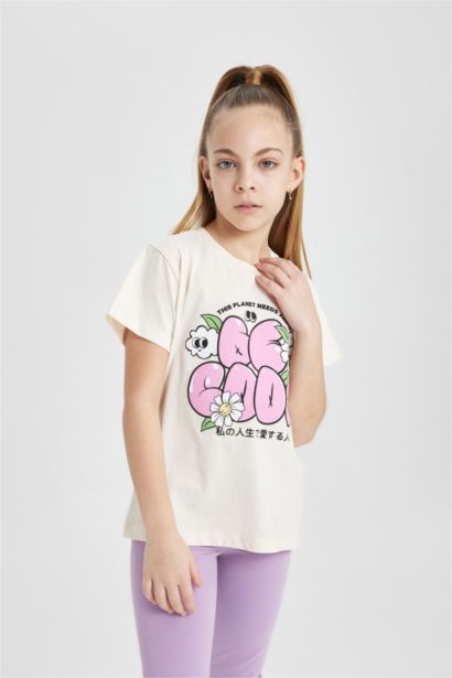 T-shirt imprimé à col rond et manches courtes pour fille
