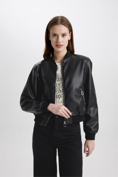 College Collar Faux Leather Bomber Jacket