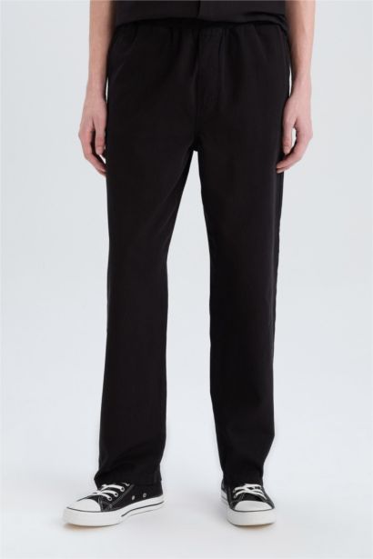 بنطلون كتان صيفي وايد ليج برجل واسع قصة مريحة أسود