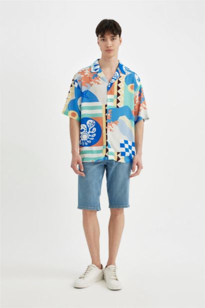 Relax Fit Resort Collar Printed Viscose Shirt