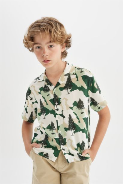 Boy Oversize Patterned Viscose Short Sleeve Shirt