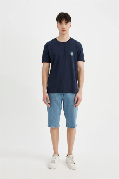 Regular Fit Bisiklet Yaka Baskılı Kısa Kollu Üst