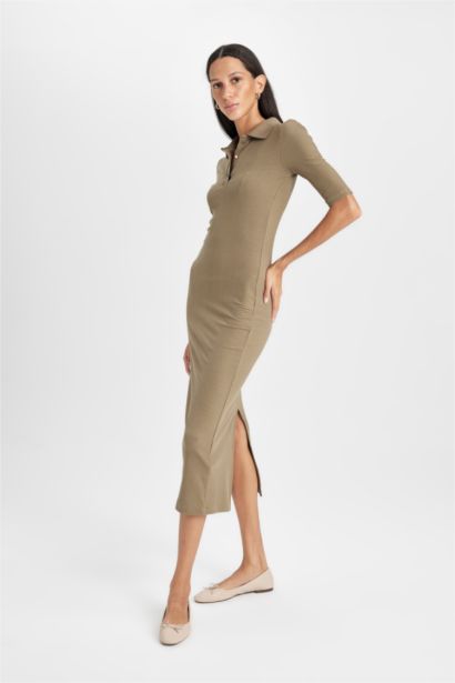 Robe midi moulante à boutons, col polo à manches mi-longues