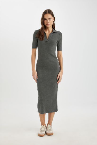 Bodycon Vücudu Saran Polo Yaka Yıkamalı Fitilli Kaşkorse Kısa Kollu Midi Elbise