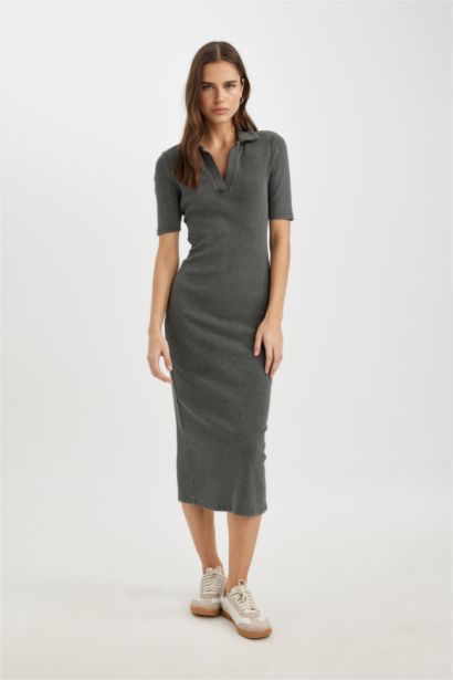 Bodycon Vücudu Saran Polo Yaka Yıkamalı Fitilli Kaşkorse Kısa Kollu Midi Elbise