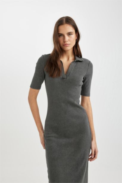 Bodycon Vücudu Saran Polo Yaka Yıkamalı Fitilli Kaşkorse Kısa Kollu Midi Elbise