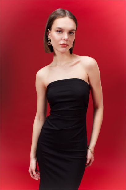 Bodycon Vücudu Saran Straplez Basic Düz Siyah Maxi Elbise