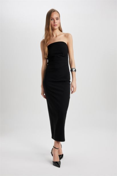 Bodycon Vücudu Saran Straplez Basic Düz Siyah Maxi Elbise
