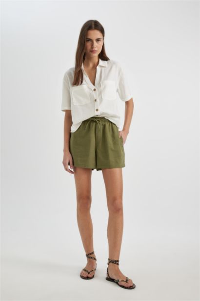 Relax Fit Linen Blended High Waist Short Leg Shorts