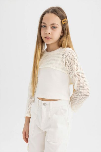 Girl Relax Fit Crew Neck Ribbed Long Sleeve T-Shirt