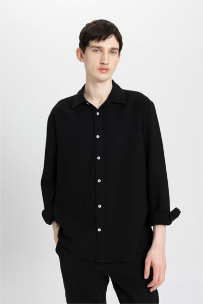 Relax Fit Polo Collar Cotton Long Sleeve Shirt