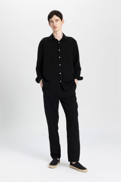 Relax Fit Polo Collar Cotton Long Sleeve Shirt