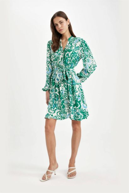 Loose Neck Patterned Moroccan Long Sleeve Midi Dress