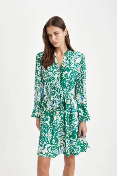 Loose Neck Patterned Moroccan Long Sleeve Midi Dress