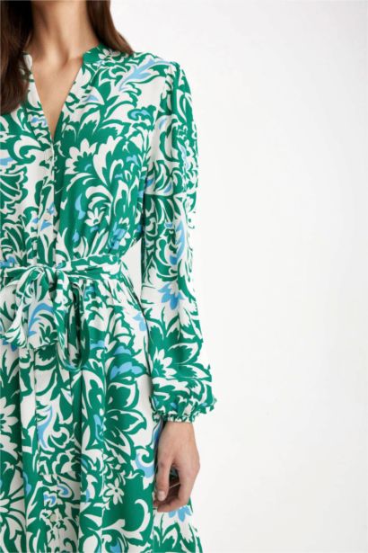 Loose Neck Patterned Moroccan Long Sleeve Midi Dress