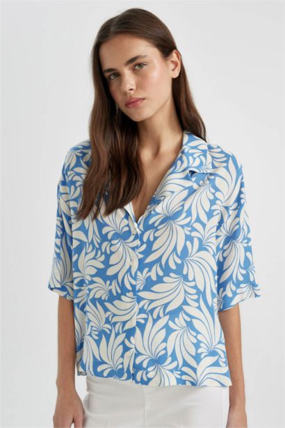 Regular Fit Desenli Pijama Yaka Kısa Kollu Gömlek