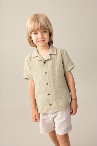 Baby Boy Open Collar Muslin Short Sleeve Shirt