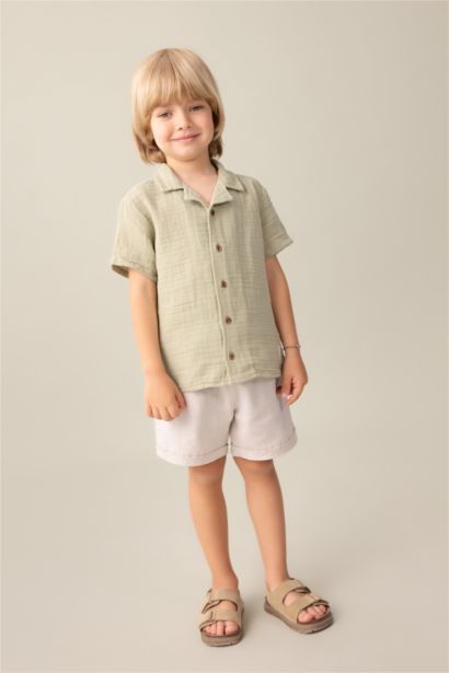 Baby Boy Open Collar Muslin Short Sleeve Shirt