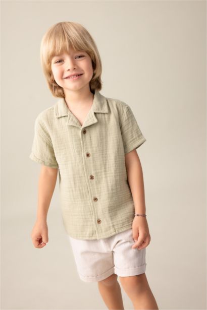 Baby Boy Open Collar Muslin Short Sleeve Shirt