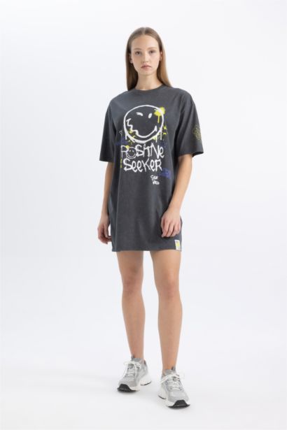 Crew Neck Printed Smiley Licence Mini Dress