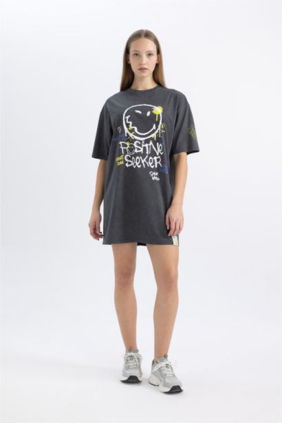 Crew Neck Printed Smiley Licence Mini Dress