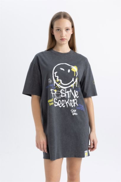 Crew Neck Printed Smiley Licence Mini Dress