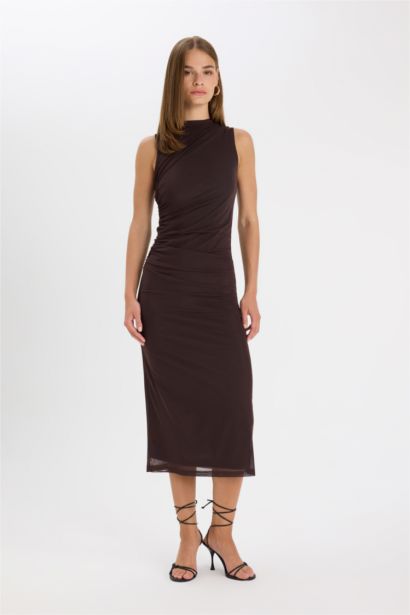 Bodycon Vücudu Saran Yarım Balıkçı Yaka Basic Düz Tül Kolsuz Maxi Abiye Elbise