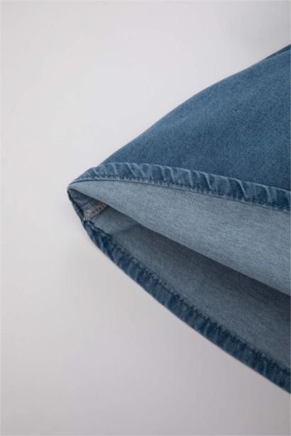 فستان جينز قصة عادية كم طويل برقبة بالدانتيل