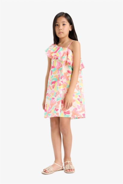 Robe en popeline imprimée à une épaule pour fille