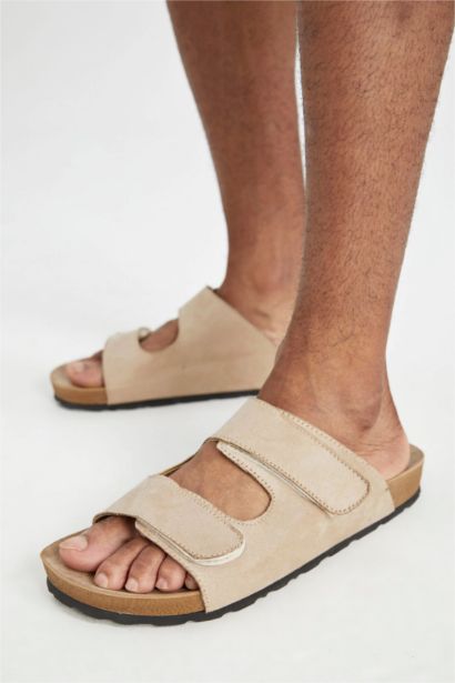 Man Flat Sole Double Banded Faux Leather Slippers