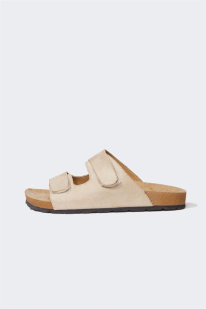 Man Flat Sole Double Banded Faux Leather Slippers
