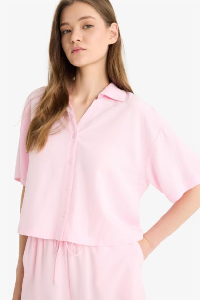 قميص كتان نص كم اوفر سايز بياقة قميص