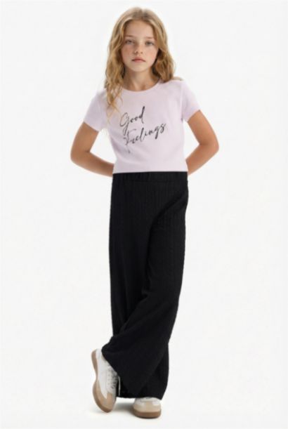 Ensemble de T-shirt imprimé et pantalon large en tissu côtelé pour fille