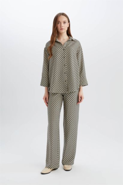 قميص ردن طويل منقوش قصة عادية